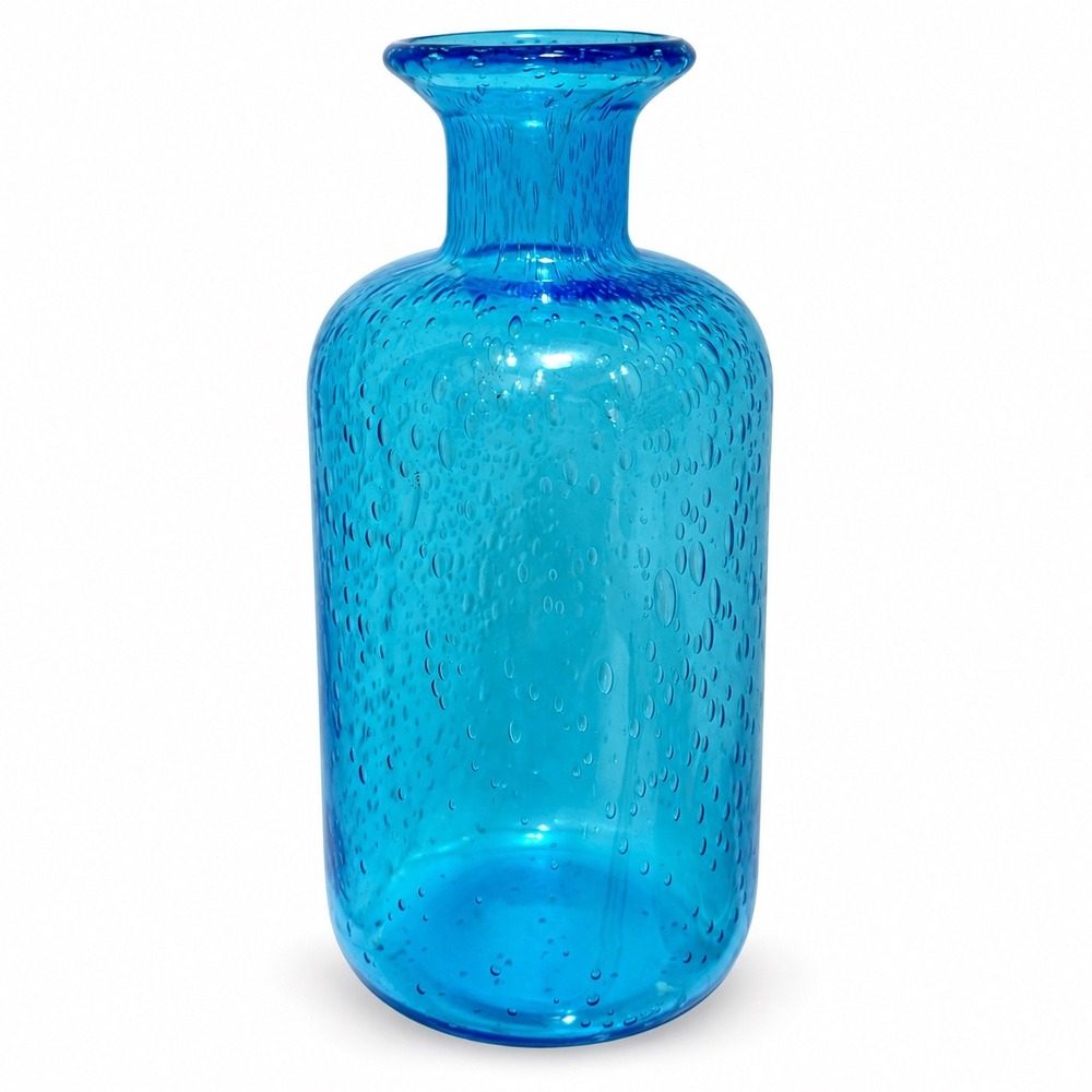 Turquoise Blue Controlled Bubble Art Glass Vase Hand Blown 8.5 inch Cylindrical